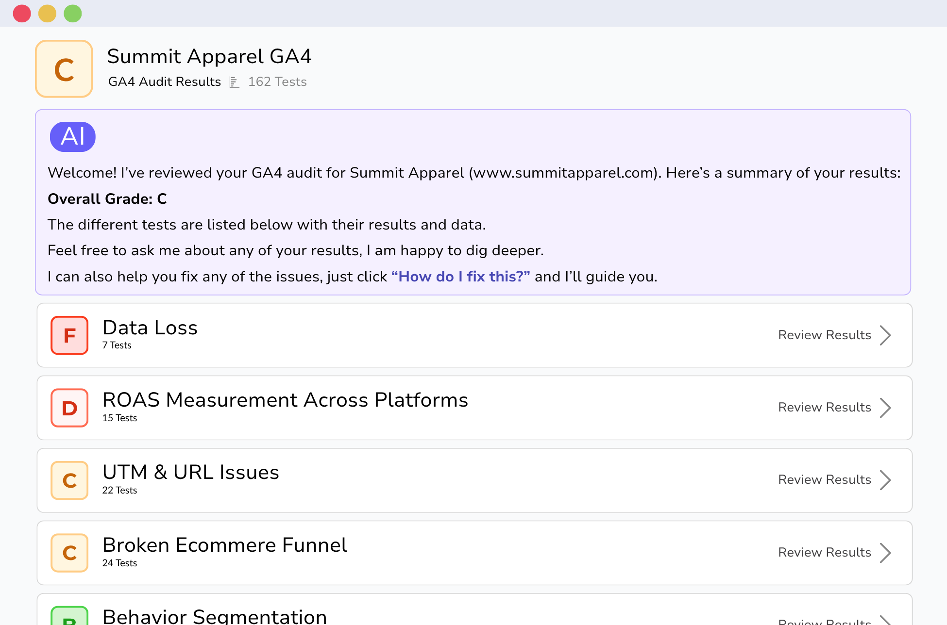Sample adMind GA4 audit results showing scored categories and individual issues with recommended next steps.