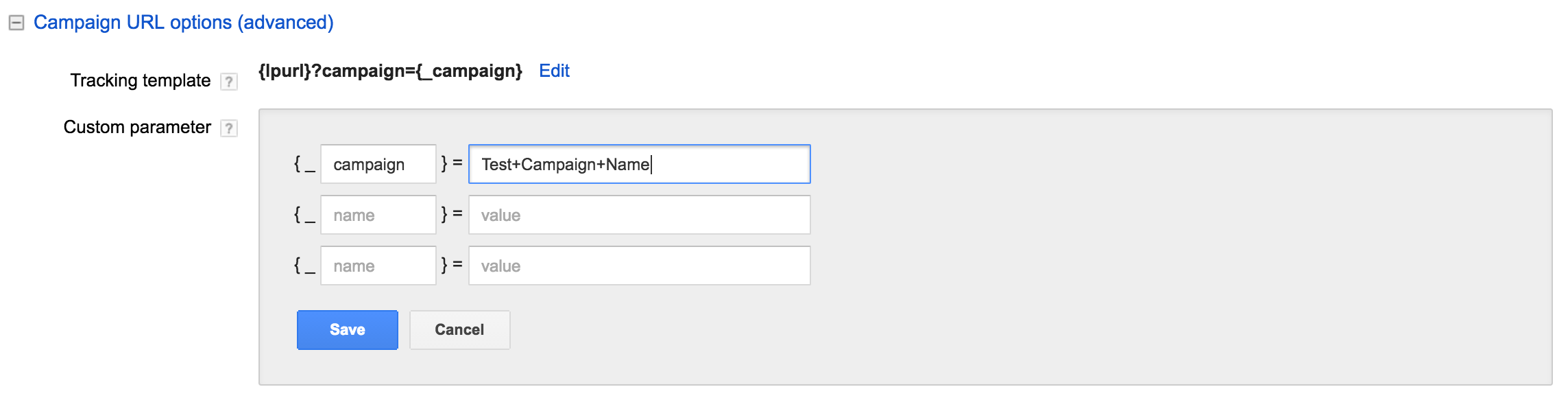 adwords tracking templates and custom parameters in campaign settings screenshot