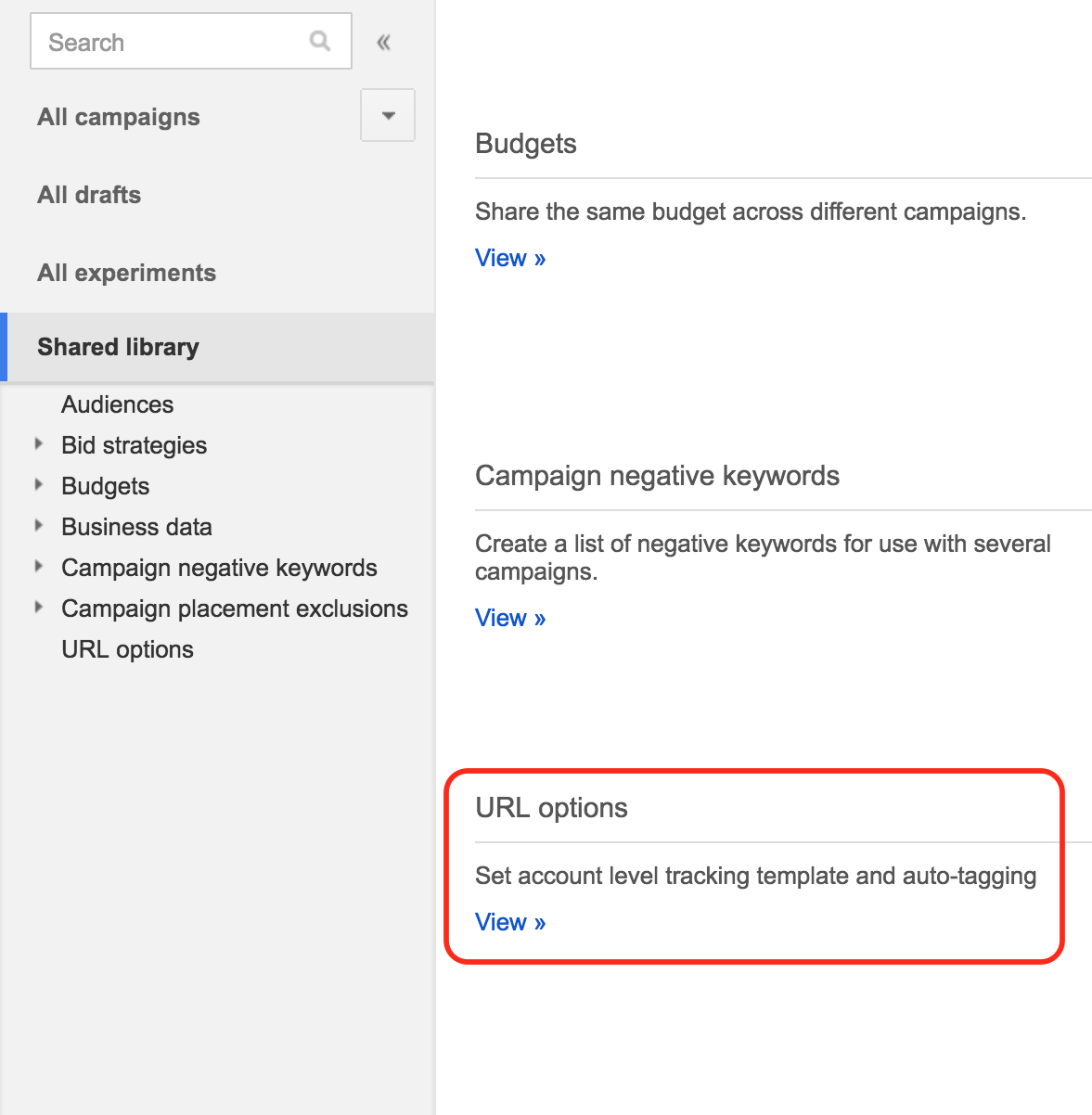 setting adwords tracking templates at the account level in shared library and url options screenshot