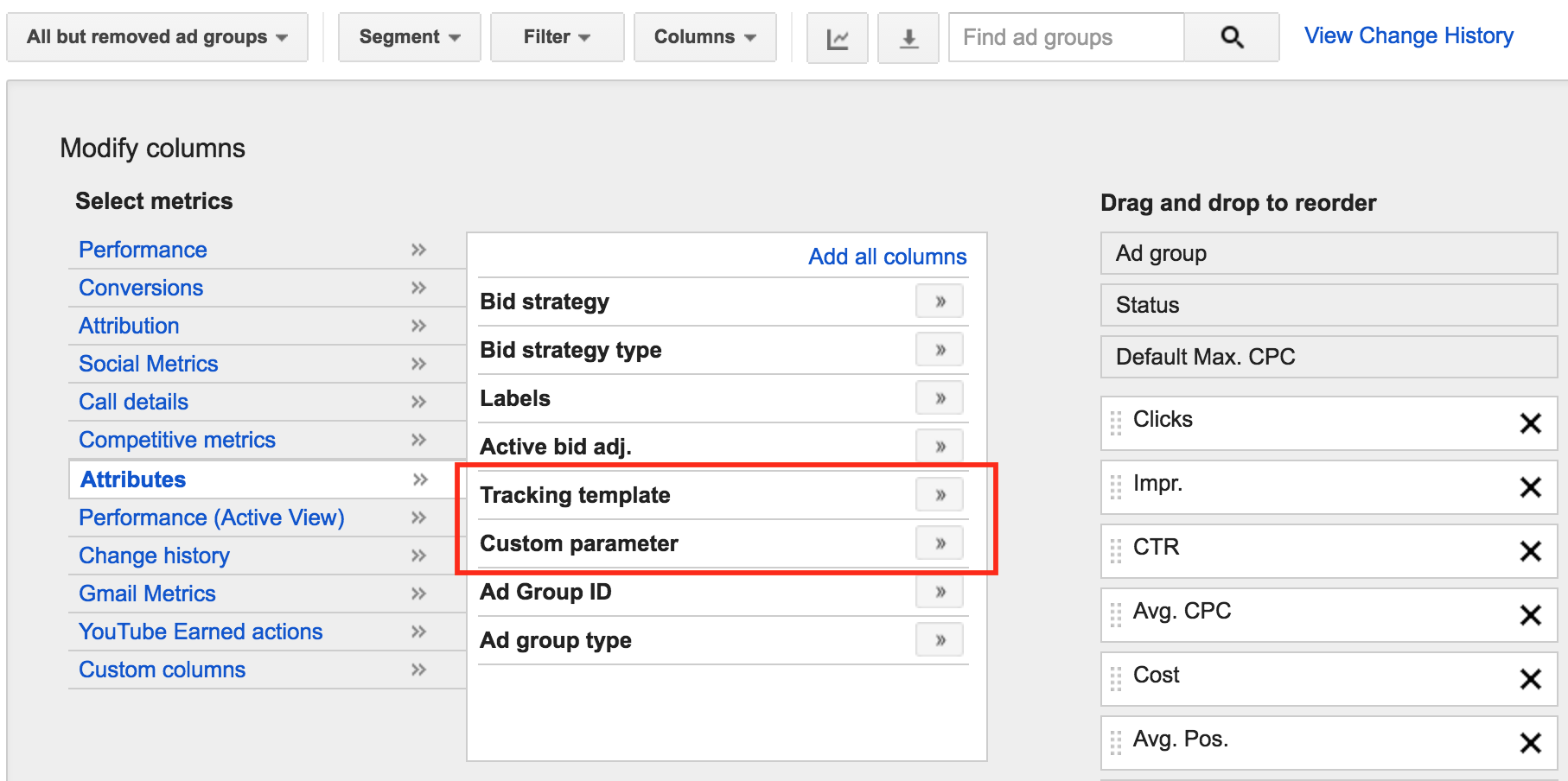 view ad group tracking templates and custom parameters inside adwords screenshot